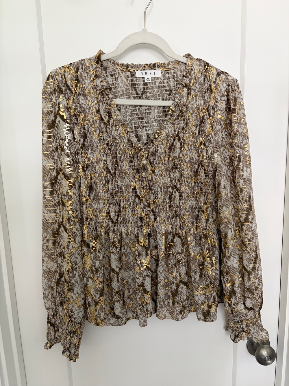 Metallic Snake-Print Long Sleeve Smocked Blouse - Taupe & Gold